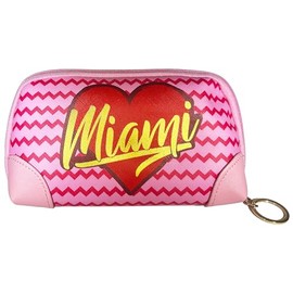 Miami Cosmetic Bag, Red Chevron Pattern on a Pink Background, Gold Letters, with Zipper and Keychain, Ideal as a Portable Toiletry Organizer or a Makeup Bag
