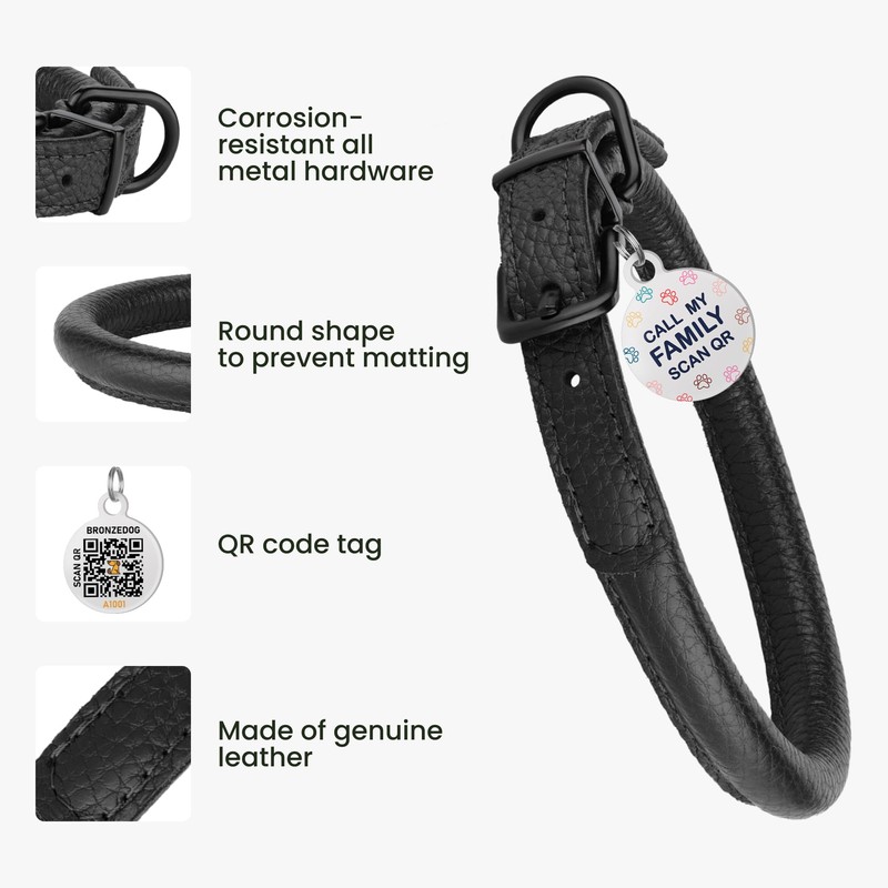 Rolled Leather Dog Collar Soft Round Collars, ID Tag for