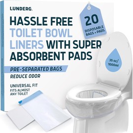 Lunderg Toilet Liners with Super Absorbent Pads - Value Pack 20 Disposable Toilet Bags - Universal Fit - Convert any WC into a Dry Flush - Emergency & Natural Disaster Preparedness Must Have