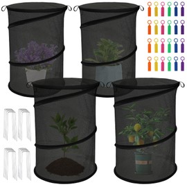 4 Pack Pop Up Plant Covers from Animals, 20" H X 13" D Insect Garden Covers, Round Foldable Mesh Plant Cover, Plant Protectors for Outdoor Plants, with Stakes and Labels (Black)