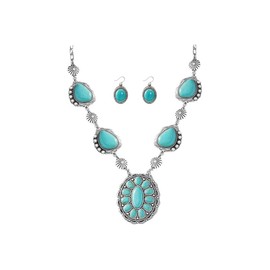 IMINI Exaggerated Turquoise Jewelery Set for Women Girls Dangle Earring Pendant Choker Long Necklace Oxidized Silver Daisy Bohemian Bollywood Vintage Boho Jewelry Holiday Christmas Wedding Party