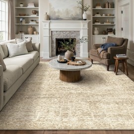HUGEAR Area Rug 6x9 Retro Beige/Brown Machine Washable Living Room Rugs Distressed Vintage Floral Vacuumable Low Pile Carpet Bedroom Office Dining Room Laundry Room Non Slip Soft Lightweight