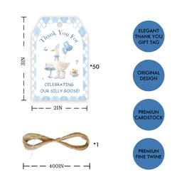 50pcs Goose Thank You Tags, One Silly Goose Gift Tag with String for 1st Birthday Party, Blue Goose Paper Tags for Farm Animal Birthday Party Favors