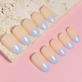 Kamize Blue Fake Nails Medium Gradient Press on Nails Full Cover Acrylic Almond Fake Nails for Women and Girls 24PCS