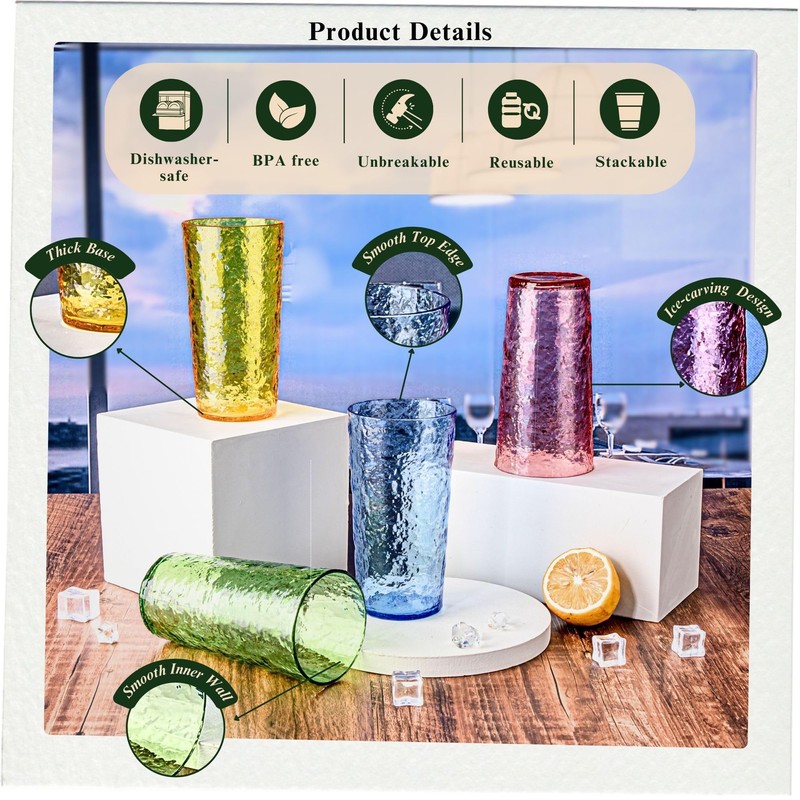 MIYOPESI 26oz Acrylic Glasses Drinkware (Set of 8), Ice-carving Unbreakable