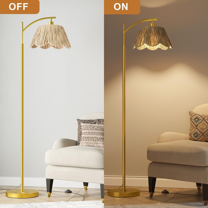 Oneach Arc Floor Lamp for Living Room,Rattan Boho Floor Lamp