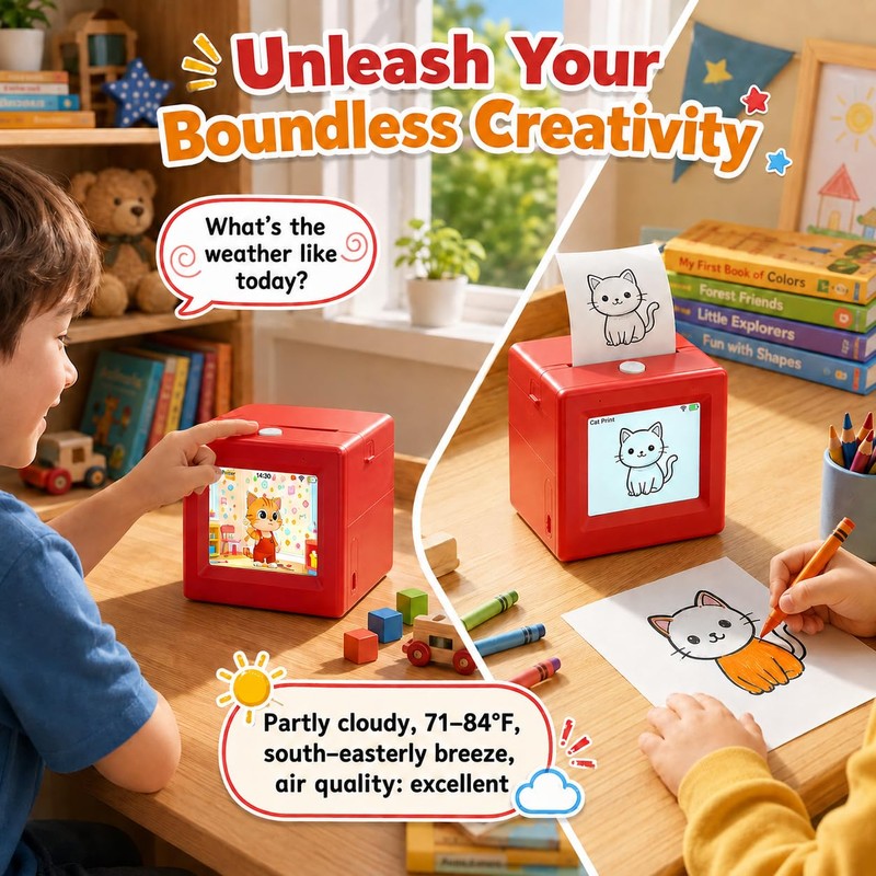 Gaguusu AI Mini Thermal Sticker Printer with Screen, Voice-to-Image for