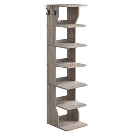 VASAGLE 7-Tier Vertical Shoe Rack, Narrow Shoe Storage Organizer with Hooks, Slim Corner Shoe Tower Rack, Space Saving for Entryway and Bedroom, Heather Greige ULBS200L01