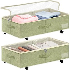 KaloKalo 2PCS Under Bed Storage Bins with Wheels Clear Lids 10 inches High Fabric Underbed Storage Containers Boxes Baskets 57L Extra Large Rolling Organizers Drawers for Clothes Sheets (Light Green)