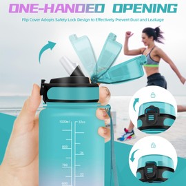 Drinking Bottle 1 Litre, Bottle with Straw, Sports Water Bottle for Adults, Leak-Proof Drinking Bottle, Can Be Carried, Water Bottle with Time Marking, for Camping, Hiking, Fitness, Green Pink