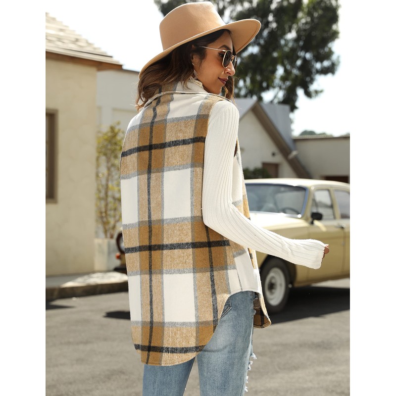 UANEO Womens Fall Flannel Plaid Vest Button Down Sleeveless Shirt