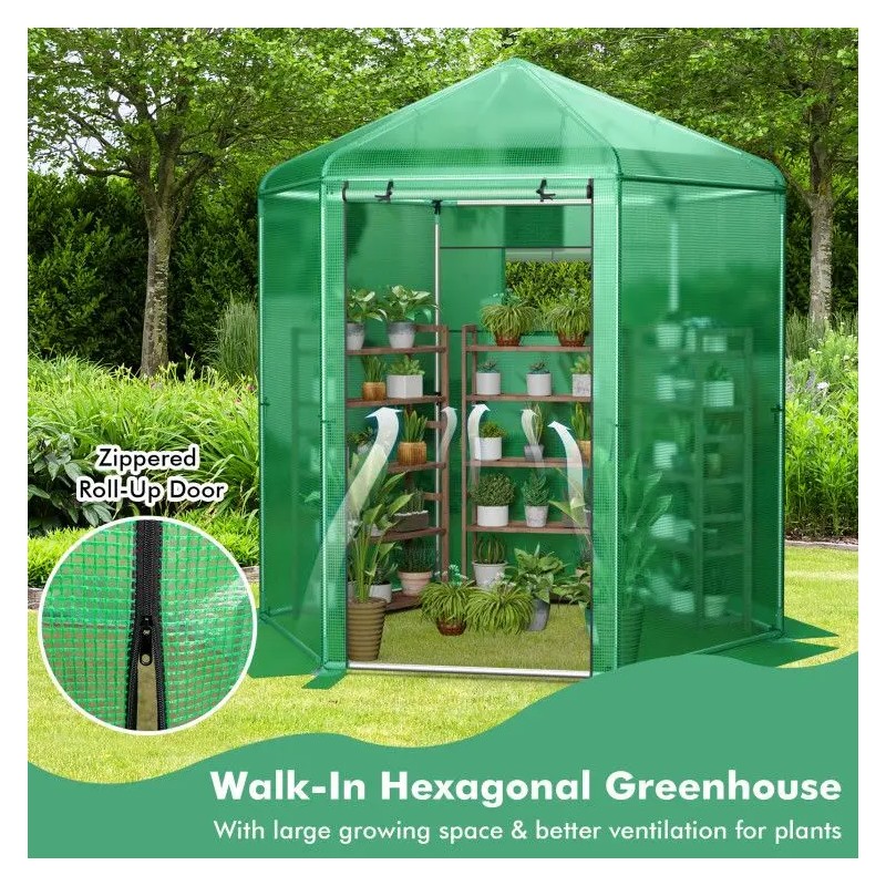 Hexagonal Walk-In Garden Greenhouse with PE Cover and Metal Frame