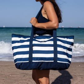 BANG&CARSEN Extra Large Beach Bag With Zipper - XXL Beach Tote Bag With Many Pockets (dark navy)