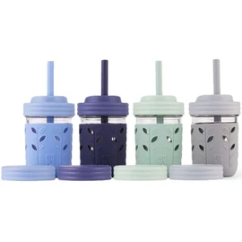 Elk and Friends Kids + Toddler Glass Cups | The Original 8oz Glass Mason Jar with Sleeves + Lids | Silicone Straws + Stopper | Smoothie Cup | Food Storage | Spill Resistant | Dishwasher Safe | 4 Pack