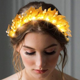 Zoestar Illuminated Wedding Headband, LED Leaf Headbands, Goddess Headpiece, Beads, Bridal Hair Accessories for Women