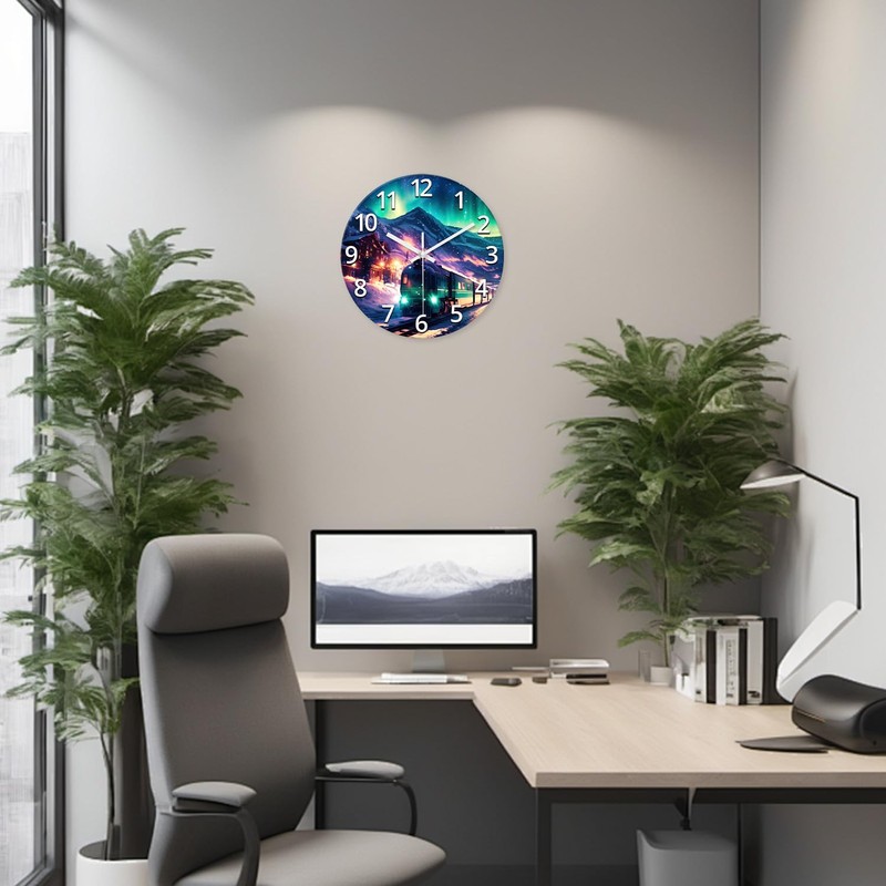 XNM Aurora Glass Battery Wall Clock 12 Inch Snow Mountain