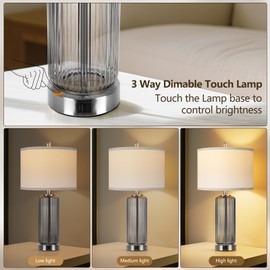 Table Lamps Set of 2 with Touch Control, 3-Way Dimmable Nightstand Lamp with Vertical Grained Glass, Grey Bedside Table Lamps, 27" Modern Glass Bedside Lamps with USB A+C Ports, Desk Lamp for Bedroom