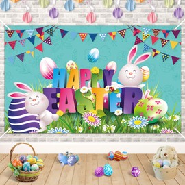 Happy Easter Backdrop, Easter Decorations Banner Colorful Egg Bunny Backdrop Spring Party Decorations for Outside Home Photo Props