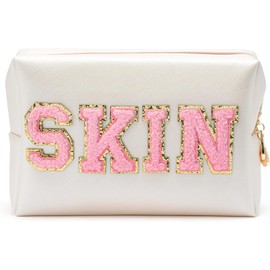 EGuangwiua White Pink Skin Letter Small Toiletry Bag PU Leather Portable Waterproof Makeup Cosmetic Bag Daily Use Storage Purse Travel Compliant Bag Women Girl Birthday Gift Spring Summer Party Supply