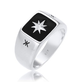 Kuzzoi 0601112320 Men's Signet Ring, Solid 11 mm Wide in 925 Sterling Silver, Black Enamel Surface with Star Design, Ring for Men in Ring Size 54 - 66, Sterling Silver