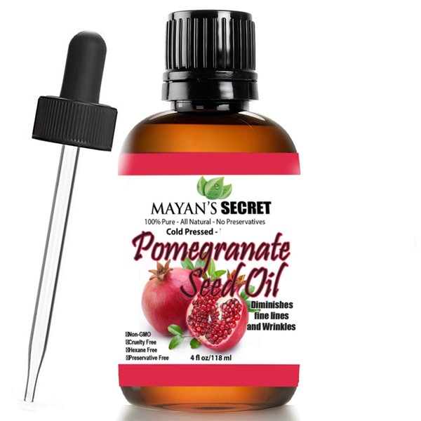Mayan's Secret Pomegranate Seed Oil for Skin Repair -Large 4oz Glass Bottle Cold Pressed and Pure Rejuvenating Oil for Skin, Hair and Nails