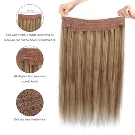 Sassina Extensiones de Cabello con Alambre Invisible, Cabello Humano Real, Alambre Transparente Ajustable y Clips Seguros, Liso Natural, Highlight P6-