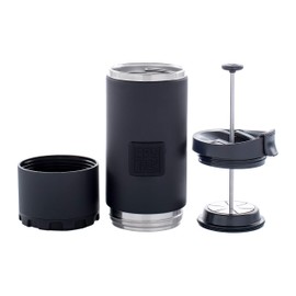 BruTrek OVRLNDR Travel Coffee French Press, 24 fl.oz Capacity, Double Wall Vacuum Insulated, Easy To Clean Removable Bottom, No Spill Lid, On The Go Coffee Brewing (Obsidian)