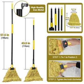 JEHONN Commercial Mop Heavy Duty Industrial String Mops with 57.5 inches Long Handle, Professional Dry Wet Cotton Mop for Cleaning Hardwood Floor Concrete Tile Home Kitchen Office Garage (Yellow)