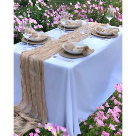 FuSenYuan 13Pcs Beige Cheesecloth Table Runner +6 Napkins +6 Wood Bead Tassel Napkin Rings (120" x 35" ) Rustic Gauze Sheer Table Runner for Farmhouse Boho Wedding Bridal Baby Shower Birthday