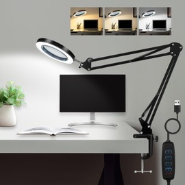 Honagu 5X Magnifying Glass with Light and Clamp, Adjustable LED Desk Lamp, 3 Color Modes Lighted, Magnifying Glass for Reading, Painting, Close Work, Repair, Crafts, Soldering, Manicure, Beauty(Black)