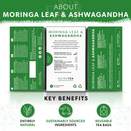 Nutra Tea - Moringa Leaf & Ashwagandha – Moringa Tea Bags, Ashwagandha Tea Bags - Rich In Essential Nutrients & Cortisol Balance - 120 Individually Wrapped Bags - Herbal Infusion (6 Pack)