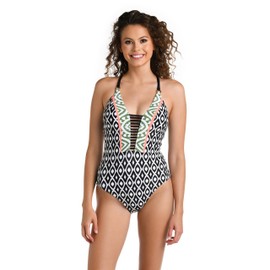 La Blanca Women's Plunge One Piece Swimsuit, Black//Desert Dunes, 10