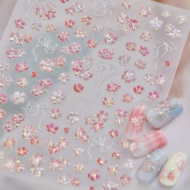 5D Embossed Pink Small Flowers Nail Stickers for Nail Art Self-Adhesive White Bow Nail Decals Spring Flowers Nail Design Stickers with Gold Stamen Nails Supplies Cute Nail Art Decals for Women DIY