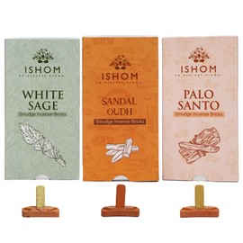 ISHOM Smudge Incense Bricks 45 Pack Combo - Palo Santo, White Sage, Sandal Oudh for Cleansing Negative Energy & Protection - Yoga Meditation Aromatherapy - Perfect Sage Sticks Alternative