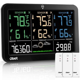 OBET Weather Station Wireless Indoor Outdoor Thermometer Wireless, Color Display Digital Temperature and Humidity Monitor with 3 Sensors, Alerts, Adjustable Backlight, USB Port (500 Feet)