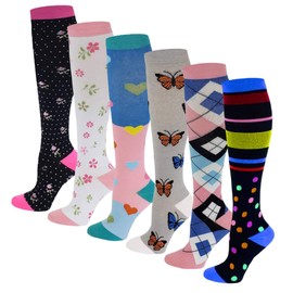 Dr. Shams 6 Pairs Pack Graduated Colorful Travel Athletic Cotton Compression Knee High Socks (6 Pairs Assorted, L/XL)
