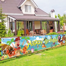 DPKOW Pirate Happy Birthday Banner for Boys Kids, Long Fabric Pirate Themed Birthday Party Decoration, 260 * 40cm