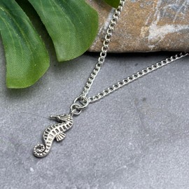 Seahorse Necklace, Cute Silver Tone Charm Pendant on 16 Inch Silver Plated Curb Chain, Gift Idea for Ocean Animal Lover, Beach Boho Sea