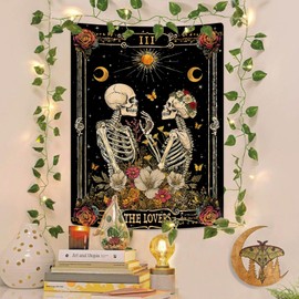 Kanuyee The Lovers Skeleton Tapestry for Bedroom Wall Hanging Moon and Floral Design Tapestries for Living Room Decor 36 x 48 Inch Black and Gold