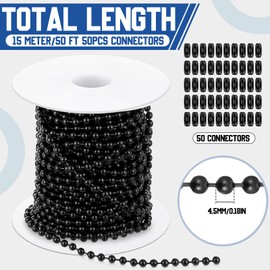 Yaocom 50ft 4.5mm Ball Beaded Chain with 50 Connectors for Roller Shade &Vertical Window Blinds, Dog Tag Chain, Jewelry Making/Crafts & DIY Projects (Black)