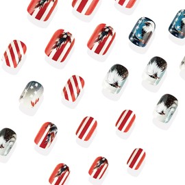 24 Pcs 4th of July Press on Nails Medium Square Fake Nails Eagle Pattern False Nails Red Blue Full Cover Glossy Glue on Nails Reusable Acrylic Nails for Women Independence Day Manicure Art