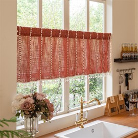 Sutuo Home Cenefa Boho Cortinas Cortas Para Ventanas Tier, Lino Bohemio con Borlas Filtrado de Luz Vintage Tratamiento de Ventana de Campo Francés Cortina de Otoño Drapeado, Bolsillo para Varilla 1