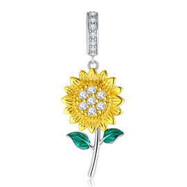 Shysnow Sunflower Charms Bracelets 925 Sterling Silver Flower Pendant Charms Gold Plated Cubic Zirconia Charm Bead Fit Bracelet Necklace Bangle, Plata esterlina, circonita