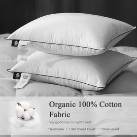 DWR Goose Feather Down Pillow for Sleeping 2 Pack, King Size Organic Cotton Hotel-Style Bed Pillow Inserts, Soft Medium Pillow for Stomach and Back Sleeper (20x36, Set of 2)