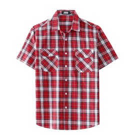 JOGAL Mens Plaid Button Down Shirts Mens Short Sleeve Western Shirts Two Pocket Regular Fit Mens Button Up Casual Shirts Red Large