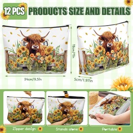 Reginary 12 Pcs Highland Cow Makeup Bags Sunflower Cow Cosmetic Bags with Zippers Floral Pouch Bulk Appreciation Gifts for Women Teacher Graduation Summer Wedding Birthday Travel Party Supplies