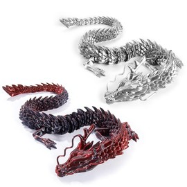 WUQIREN 2PCS 12 Inch 3D Printed Dragon Toys, Articulated Dragon with Dragon Inside, Crystal Dragon Fidget Toy Adults Fidget Toys Mystery Dragon Egg for Autism, Home Office Decor Executive Desk Toy(Black-Red)