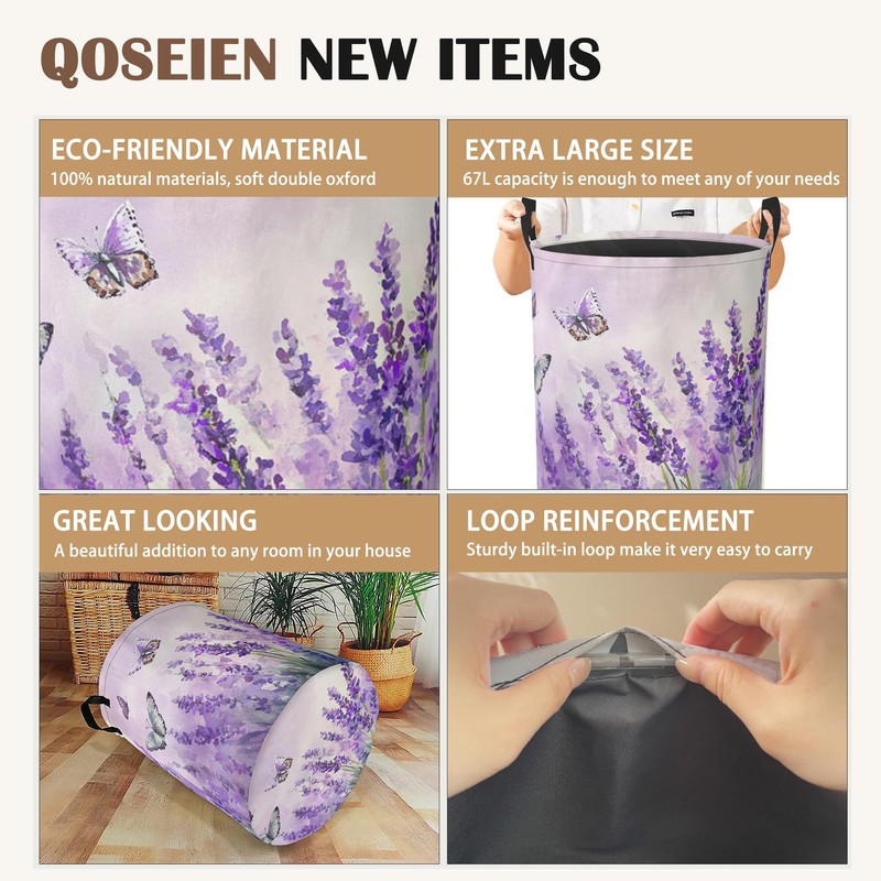Laundry Hamper,Purple Lavender Laundry Basket,Butterfly Waterproof Oxford Cloth Storage Basket