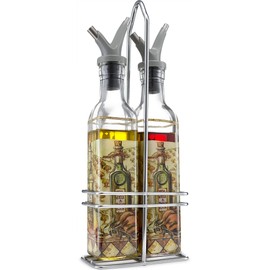 Gourmia GVD9990 Oil and Vinegar Dispenser Set - Elegant Square Design, Easy Flow Dual Drip-Free Spouts for Controlled Flow – Steel Wire Table and Counter Stand Holder