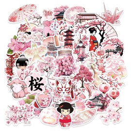 50Pcs Japanese Sakura Vinyl Stickers, Waterproof Pink Cherry Blossom Decals, Kawaii Japan Geisha Pagoda Lantern Origami Stickers for Water Bottle Laptop Journal Scrapbook Gift for Kids Teens Adults